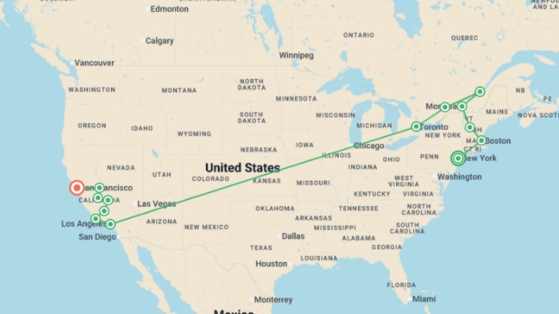 A map showing the tour itinerary for the trip: Essential East Coast and Western Classics, starting in New York, USA and ending in San Francisco, USA going through 8 other destinations.