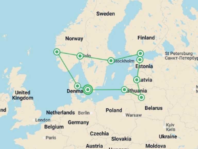 Map itinerary of Scandinavia Tour in Summer with 10 destination visits for the trip: Ultimate Scandinavia & the Baltics