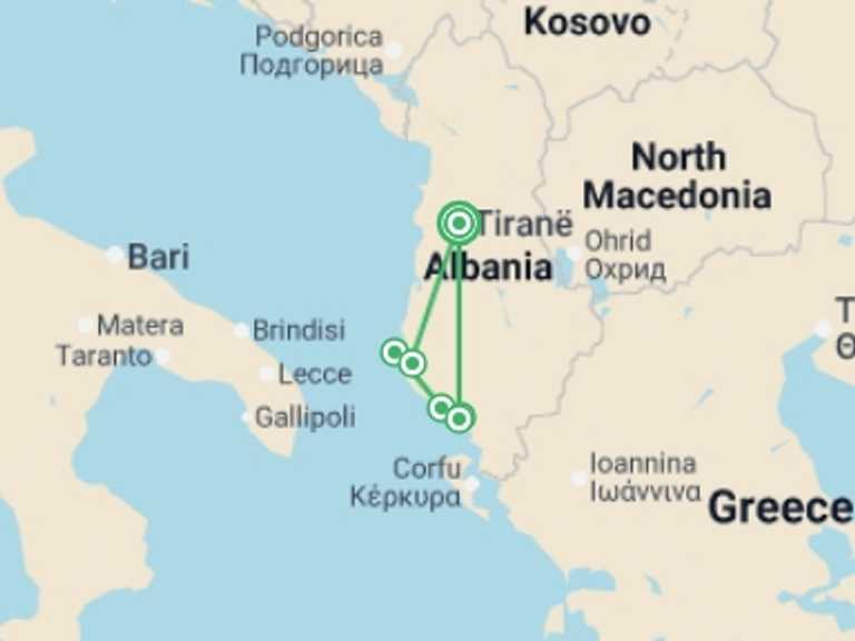 Map itinerary of Europe Tour in April 2027 with 6 destination visits for the trip: Walking Albania's Coastal Trails