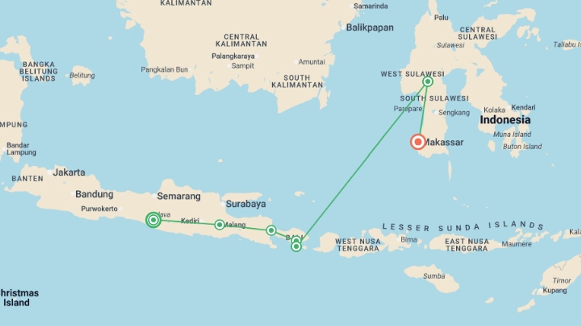 A map showing the tour itinerary for the trip: Discovery Of Indonesia, French-speaking Guide, starting in Yogyakarta, Indonesia and ending in Makassar, Indonesia going through 5 other destinations.