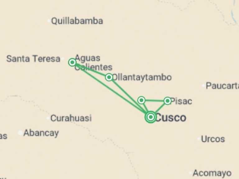 Map itinerary of South America Tour in December 2026 with 5 destination visits for the trip: Peru: Hike, Bike, Raft & SUP