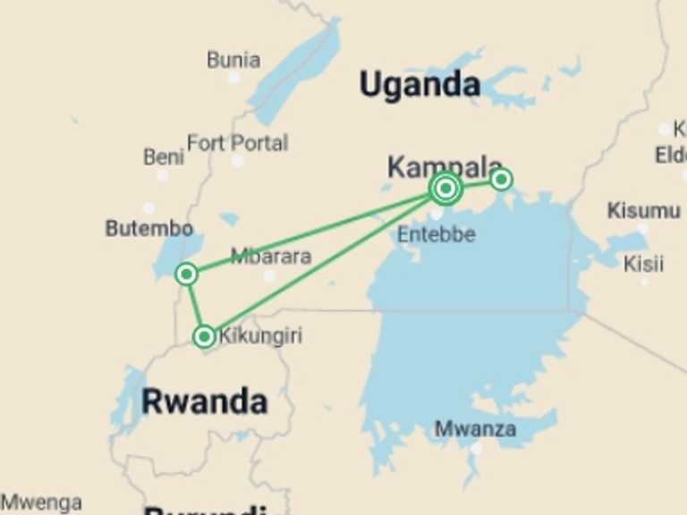 Map of a Gorilla and chimpanzee tracking Tour with 4 destination visits for the trip: 9-day Gorillas  Nile River Encounter Camping