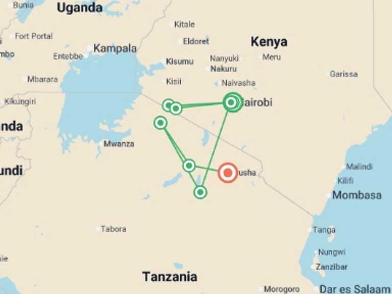 Map itinerary of Africa Tour in October 2026 with 8 destination visits for the trip: Kenya and Tanzania Safari 35 to 45