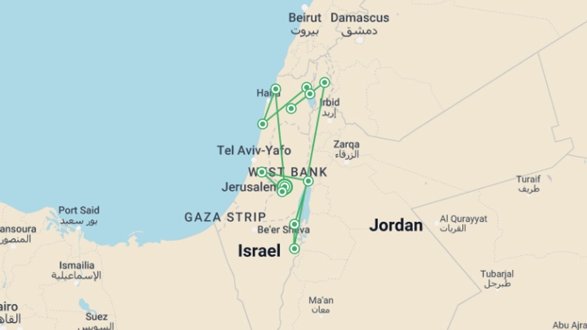 A map showing the tour itinerary for the trip: Classical Israel Tour Package, 6 Days From Tel Aviv, starting in Jerusalem, Israel and ending in Jerusalem, Israel going through 5 other destinations.