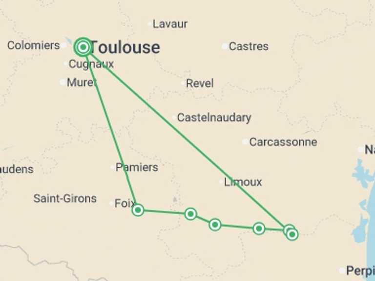 Map itinerary of France Tour in May 2026 with 6 destination visits for the trip: The Crusader Trail - Cathar Castles Walk