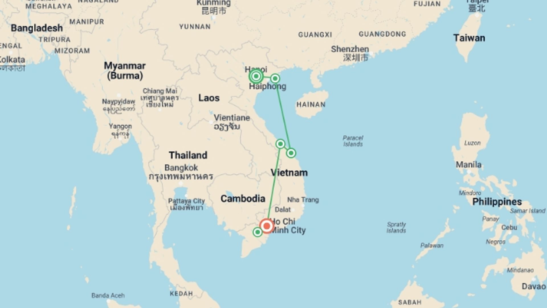 A map showing the tour itinerary for the trip: Highlights Of Vietnam 08 Days 07 Nights, starting in Hanoi, Vietnam and ending in Ho Chi Minh City, Vietnam going through 3 other destinations.