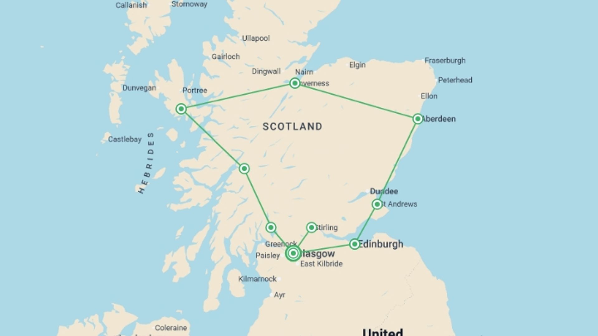 A map showing the tour itinerary for the trip: Grand Tour of Scotland – 14-Day Journey through Hi, starting in Glasgow, Scotland and ending in Glasgow, Scotland going through 8 other destinations.