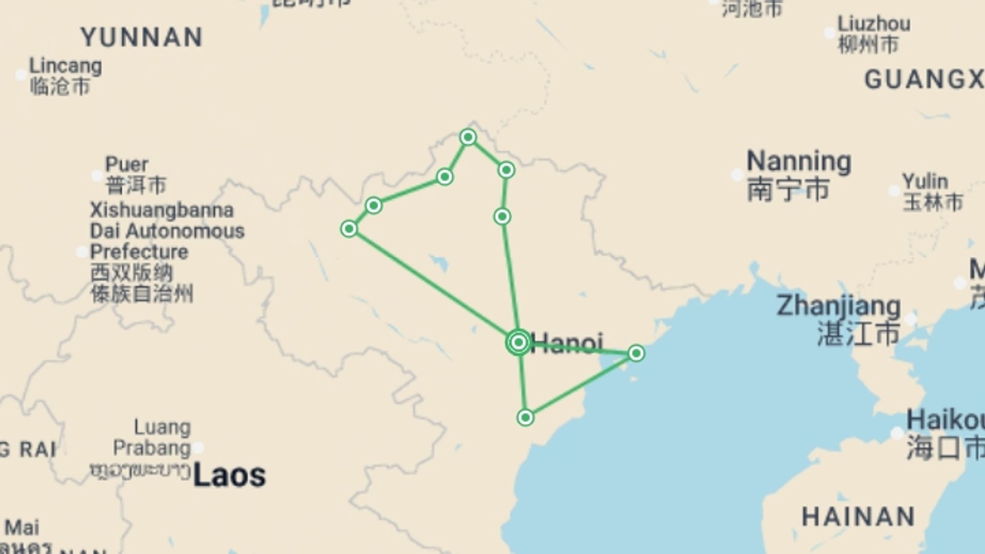 A map showing the tour itinerary for the trip: Northern Vietnam Adventure - 13 days, starting in Hanoi, Vietnam and ending in Hanoi, Vietnam going through 8 other destinations.