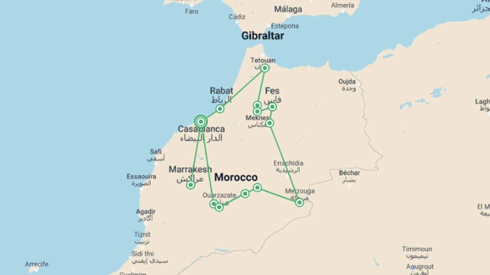 A map showing the tour itinerary for the trip: Best 8 Days Morocco Tour - Imperial Cities and Desert, starting in Casablanca, Morocco and ending in Casablanca, Morocco going through 11 other destinations.