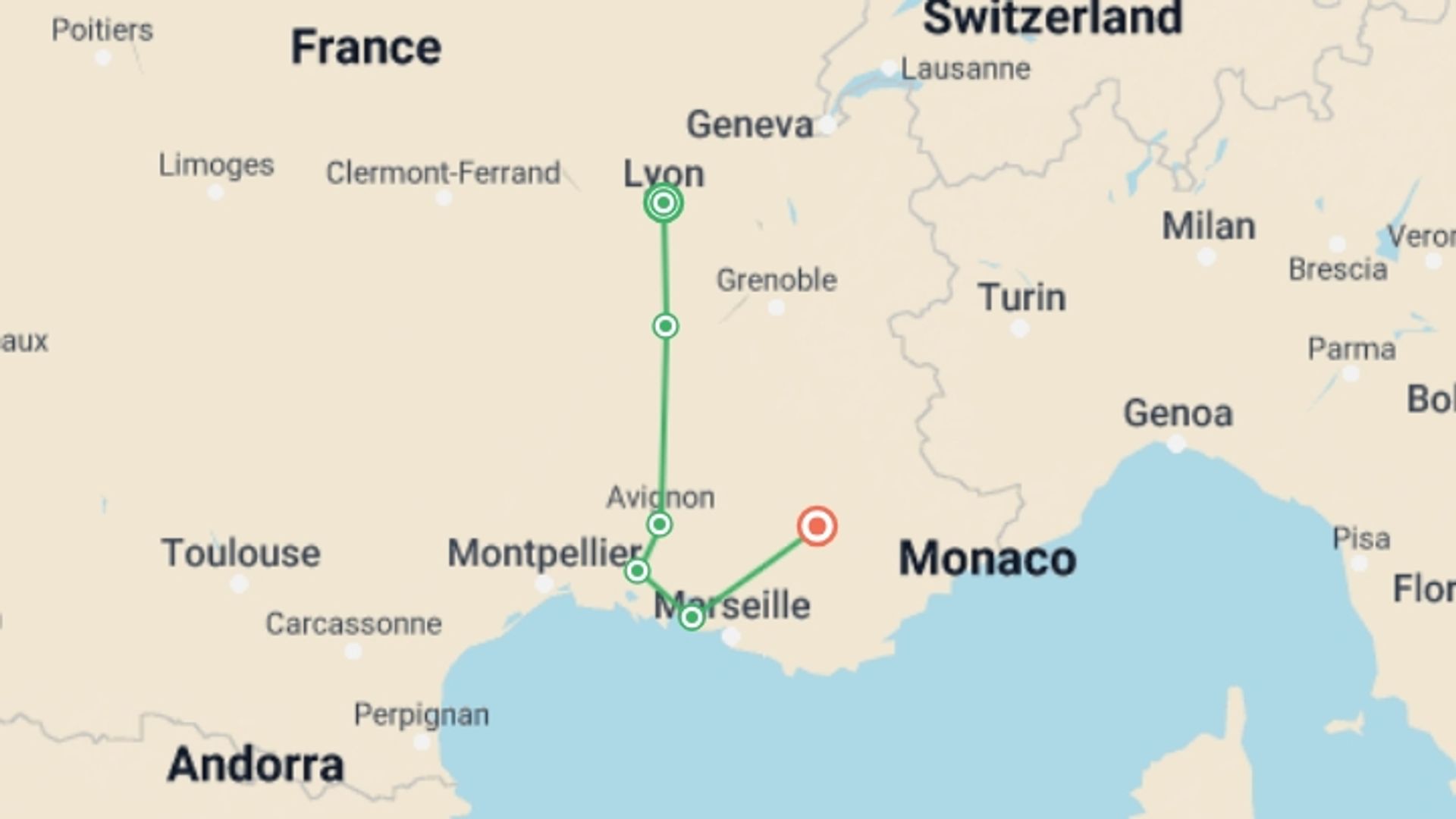 A map showing the tour itinerary for the trip: Oenological cruise: Discover the fabulous world of vines and wine (port-to-port cruise), starting in Lyon, France and ending in Provence, France going through 4 other destinations.