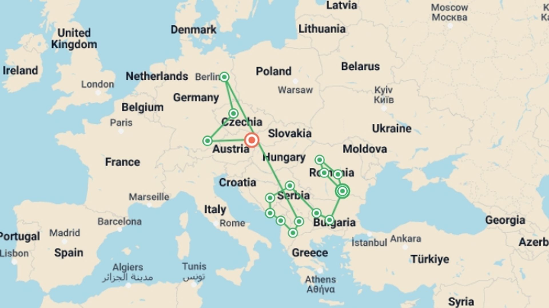 A map showing the tour itinerary for the trip: Grand European (4 Star Hotels), starting in Bucharest, Romania and ending in Vienna, Austria going through 12 other destinations.