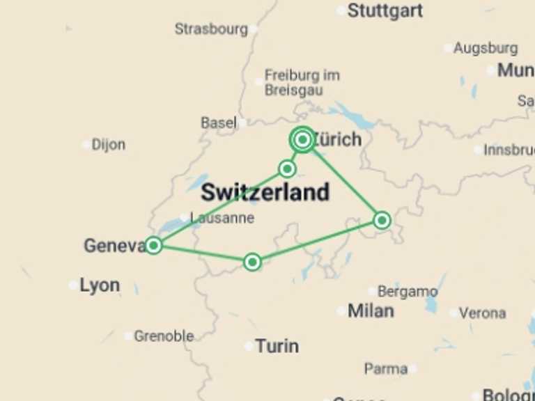 Map of a Trekking and Hiking Tour with 5 destination visits for the trip: Majestic Switzerland
