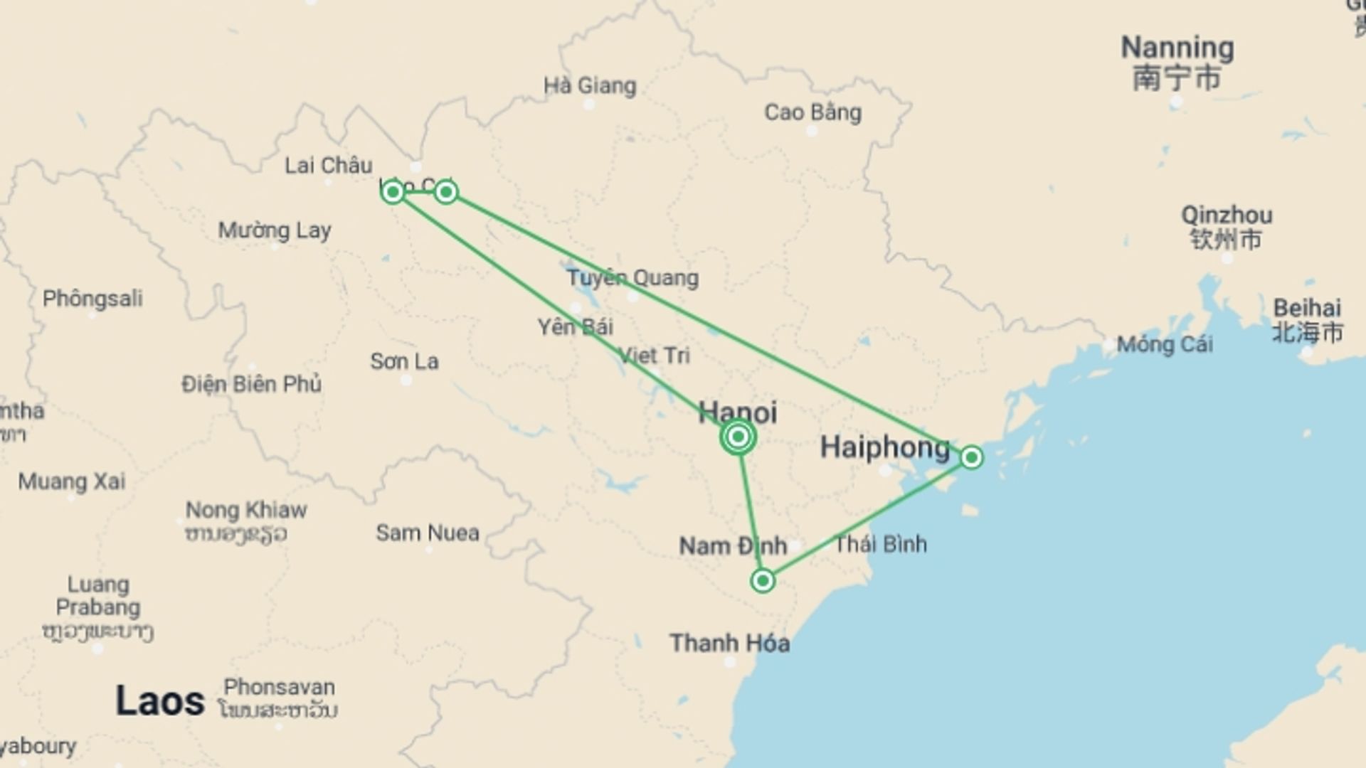 A map showing the tour itinerary for the trip: 9 Days Northern Vietnam: Sapa to Halong Bay, starting in Hanoi, Vietnam and ending in Hanoi, Vietnam going through 4 other destinations.