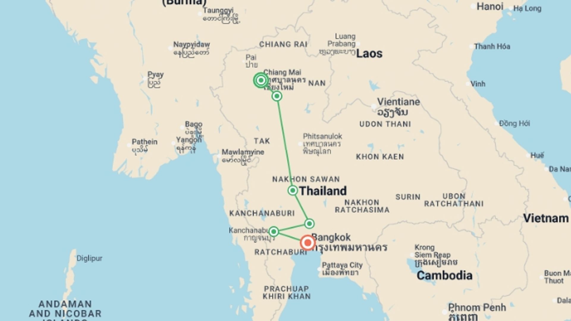 A map showing the tour itinerary for the trip: Upgraded - Discover Northern Thailand, starting in Chiang Mai, Thailand and ending in Bangkok, Thailand going through 4 other destinations.
