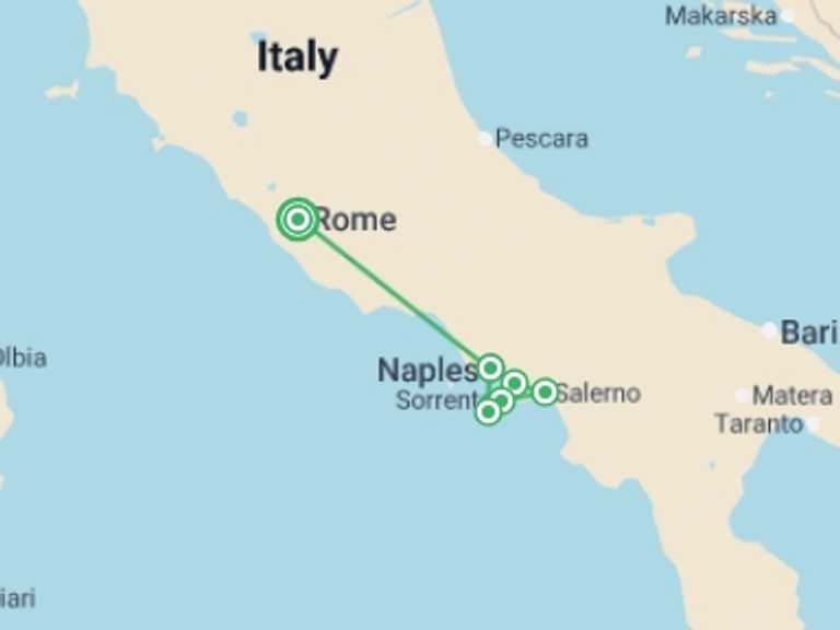 Map itinerary of Mediterranean Tour in Spring with 2 destination visits for the trip: Sorrento, Capri and Pompeii