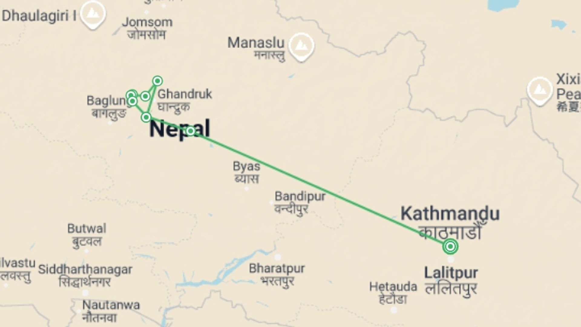 A map showing the tour itinerary for the trip: Ghorepani Poonhill Trek , starting in Kathmandu, Nepal and ending in Kathmandu, Nepal going through 5 other destinations.
