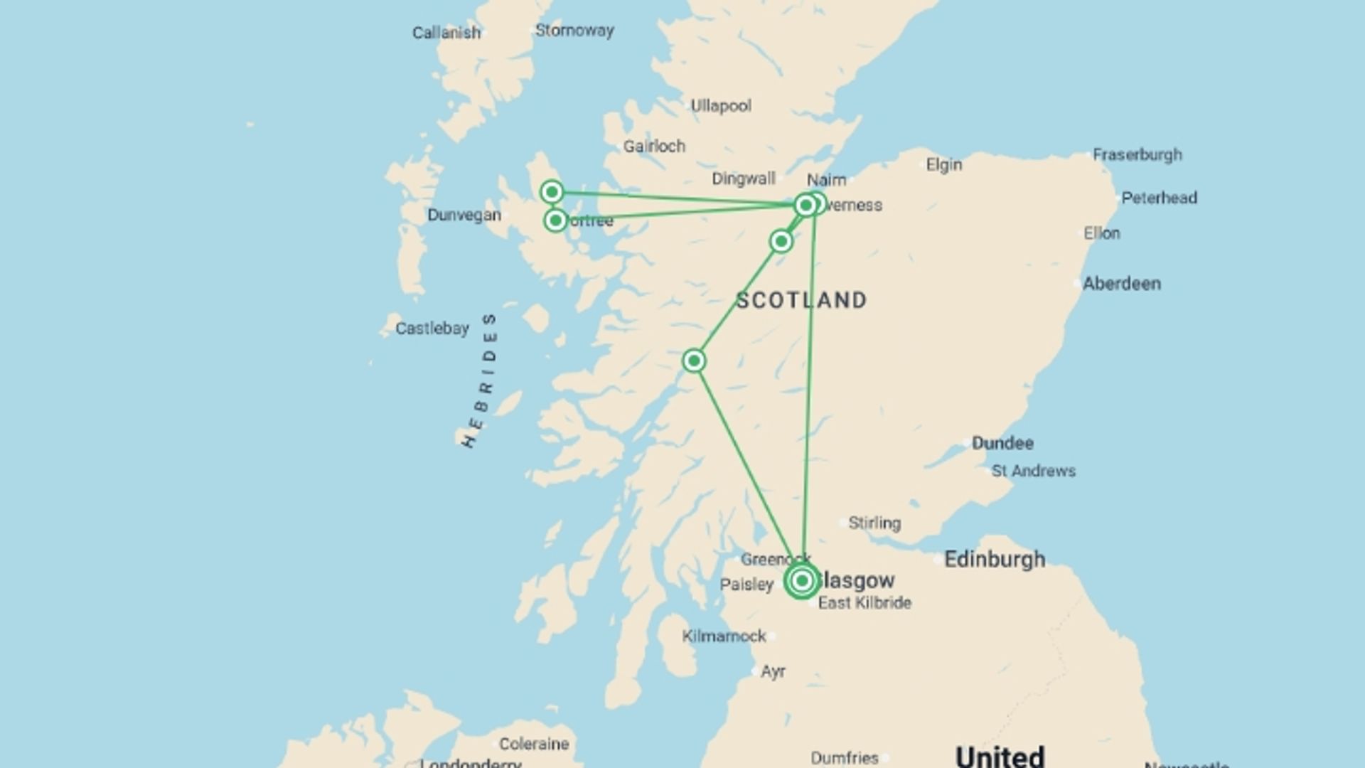 A map showing the tour itinerary for the trip: Glasgow to Inverness & Skye - 3 days, starting in Glasgow, Scotland and ending in Glasgow, Scotland going through 1 other destinations.