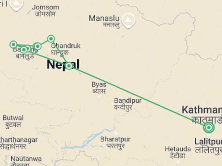 Map of Pokhara Trekking and Hiking Tour with 8 destination visits for the trip: Mohare Danda Trek: Return via Poon Hill