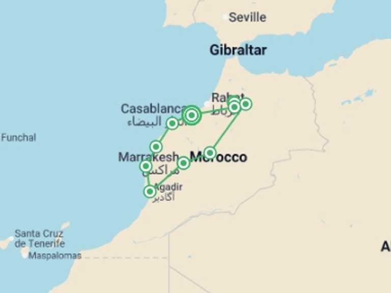 Map of Africa Tour with 6 destination visits for the trip: Imperial Cities and Moroccan Atlantic