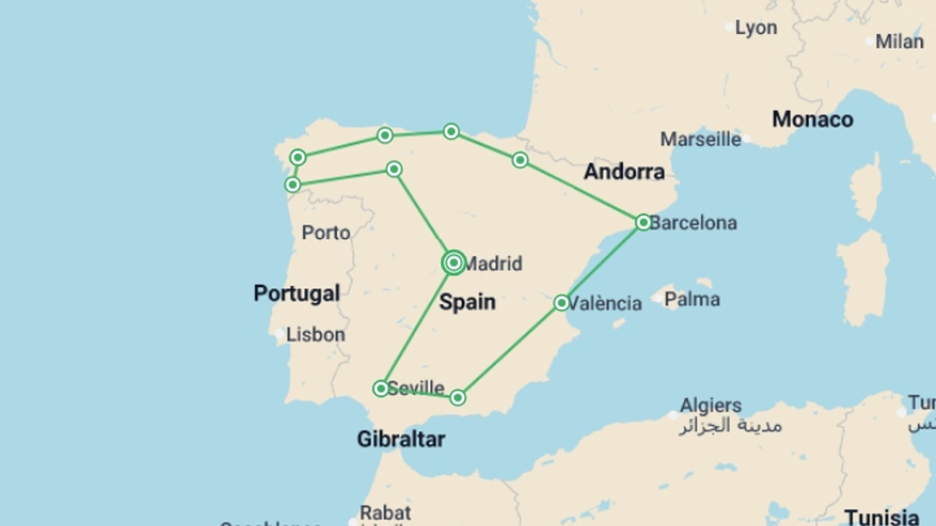 A map showing the tour itinerary for the trip: Spain Uncovered - 14 days, starting in Madrid, Spain and ending in Madrid, Spain going through 10 other destinations.