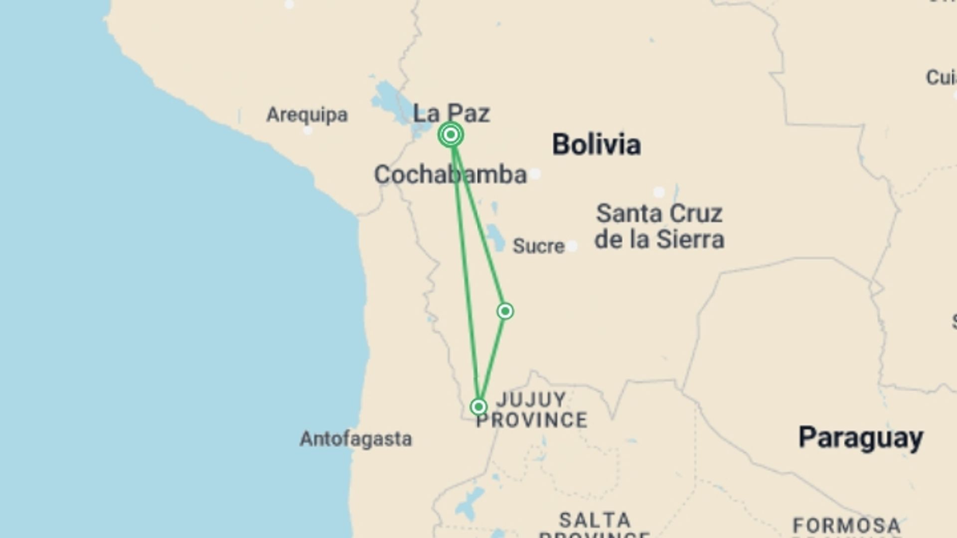 A map showing the tour itinerary for the trip: Bolivia in a Week, starting in La Paz, Bolivia and ending in La Paz, Bolivia going through 3 other destinations.