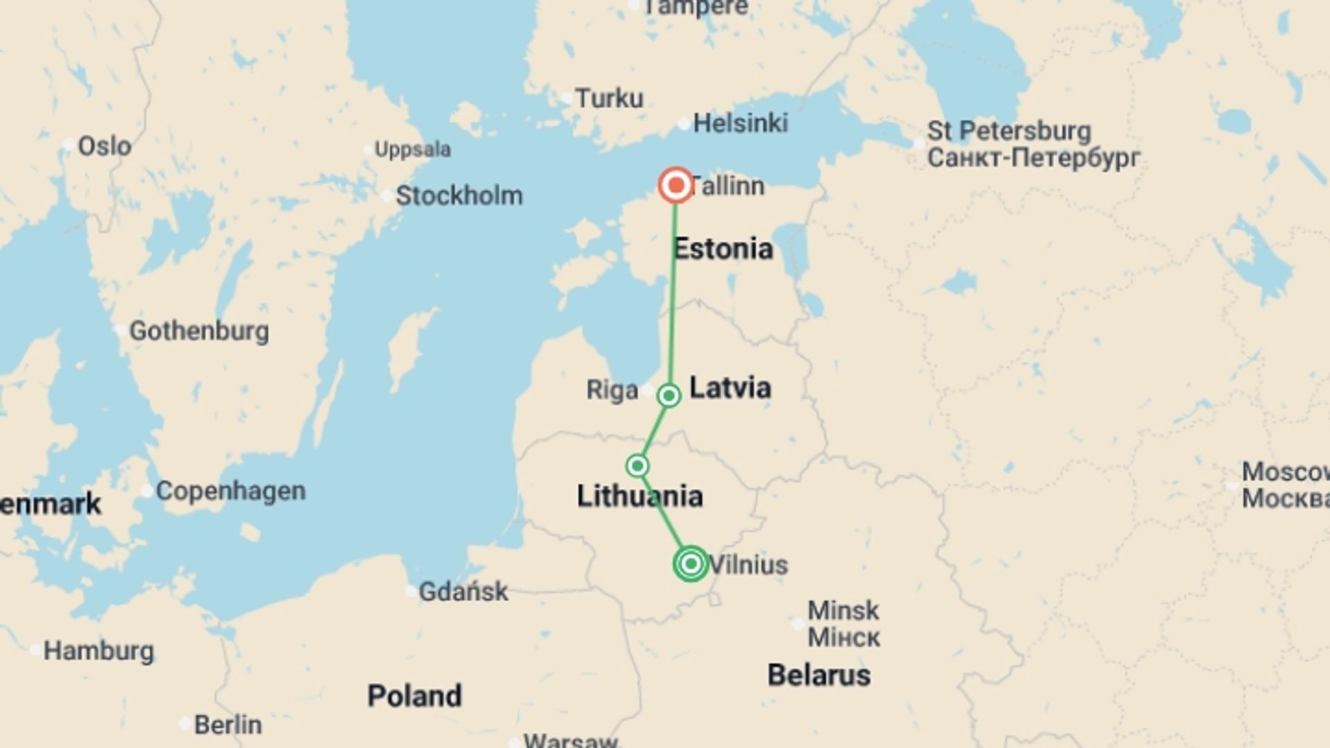 A map showing the tour itinerary for the trip: Baltic Capital Cities, starting in Vilnius, Lithuania and ending in Tallinn, Estonia going through 2 other destinations.
