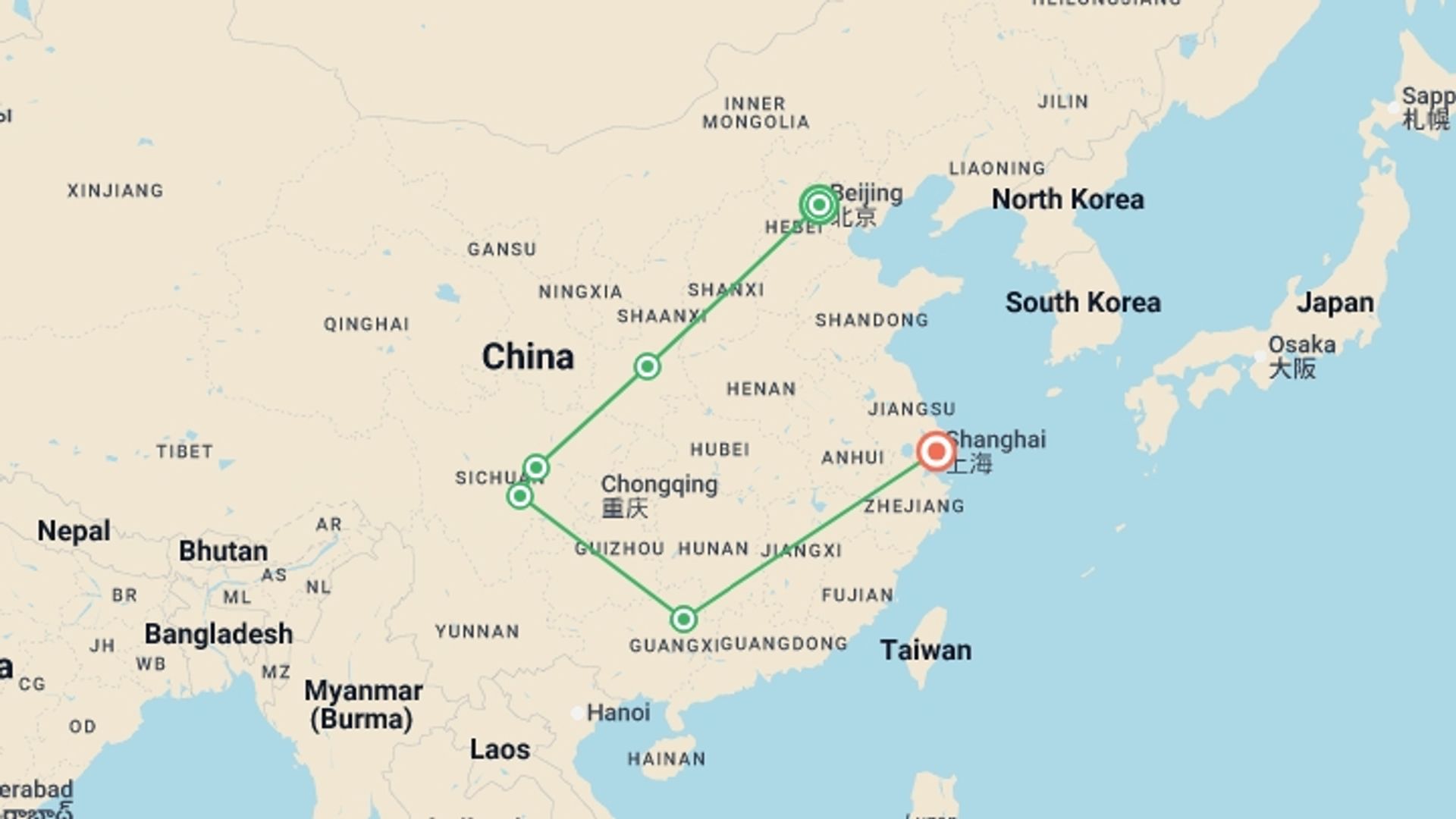 A map showing the tour itinerary for the trip: Highlights of China, starting in Beijing, China and ending in Shanghai, China going through 4 other destinations.