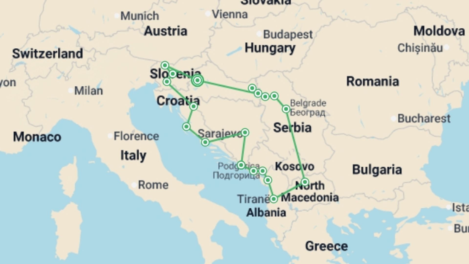 A map showing the tour itinerary for the trip: Through The Heart Of The Slavic Countries, French-speaking Guide, starting in Zagreb, Croatia and ending in Zagreb, Croatia going through 10 other destinations.