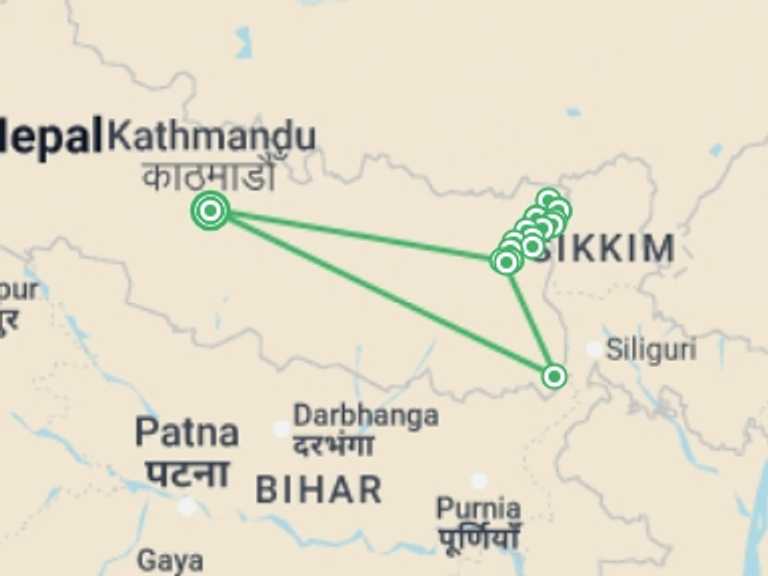 Map itinerary of Nepal Tour in Winter with 17 destination visits for the trip: Kanchenjunga Circuit Trek