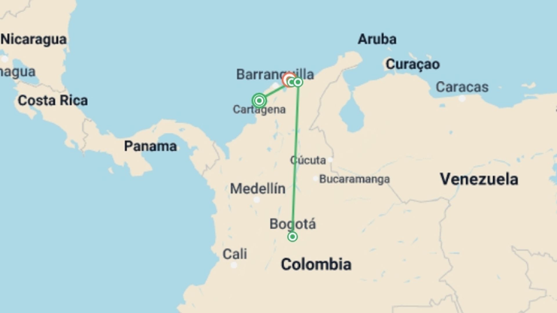 A map showing the tour itinerary for the trip: Colombia's Caribbean Coast & Lost City, starting in Cartagena, Colombia and ending in Santa Marta, Colombia going through 6 other destinations.