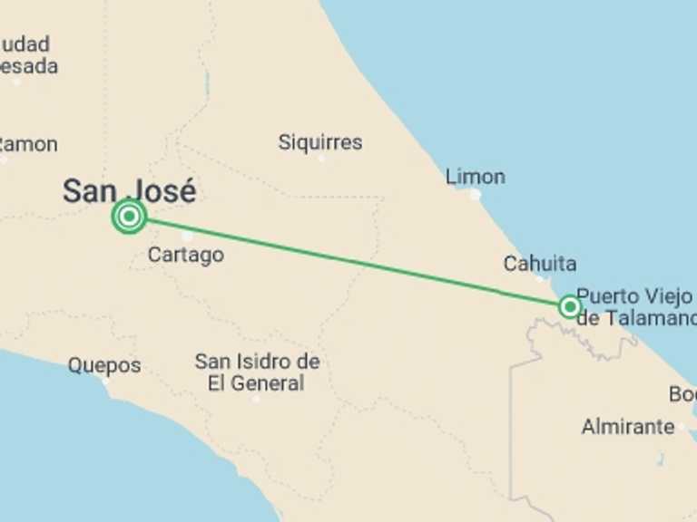 Map of San Jose Getaways and short breaks Tour with 2 destination visits for the trip: Puerto Viejo Beach, Short Break