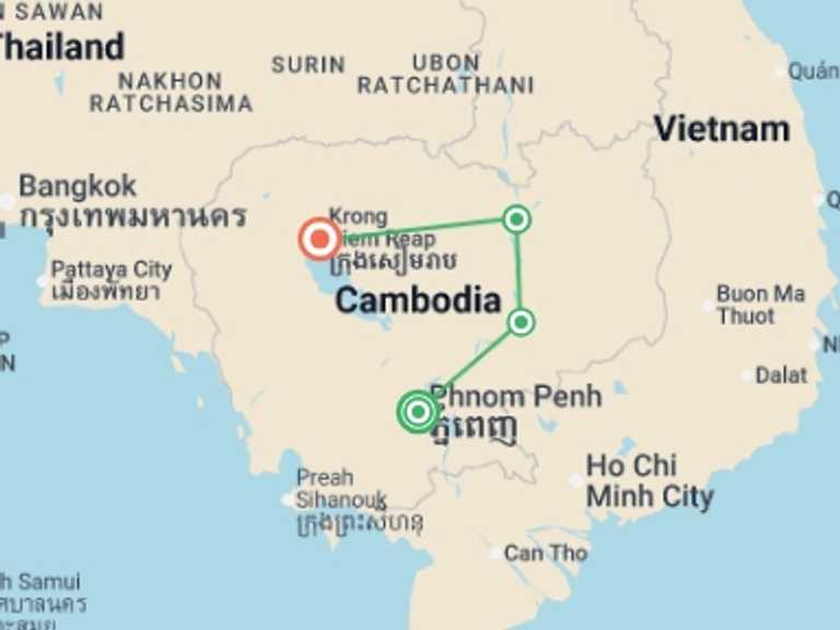 Map itinerary of Asia Tour in June 2027 with 4 destination visits for the trip: Cambodia: Hike, Bike & Kayak