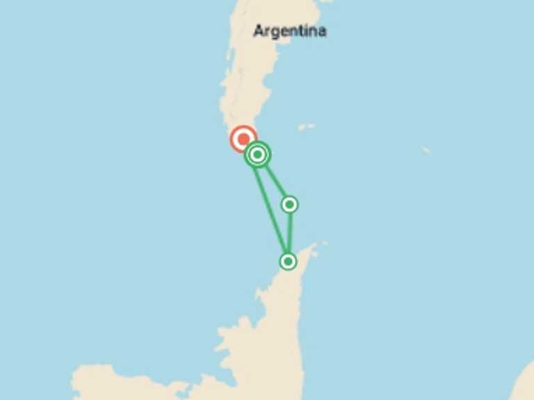 Map itinerary of Punta Arenas Tour in Winter with 4 destination visits for the trip: Antarctic Express: Sail South, Fly North via Buenos Aires