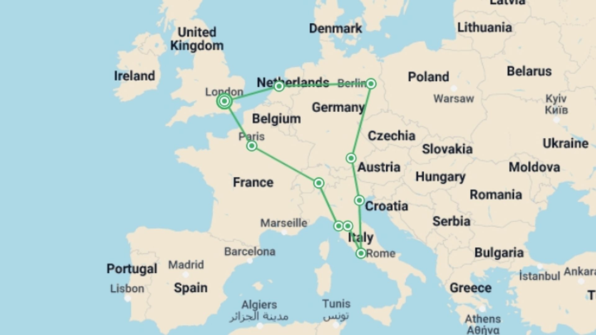 A map showing the tour itinerary for the trip: Get Social: Central Europe Highlights, starting in London, England and ending in London, England going through 5 other destinations.