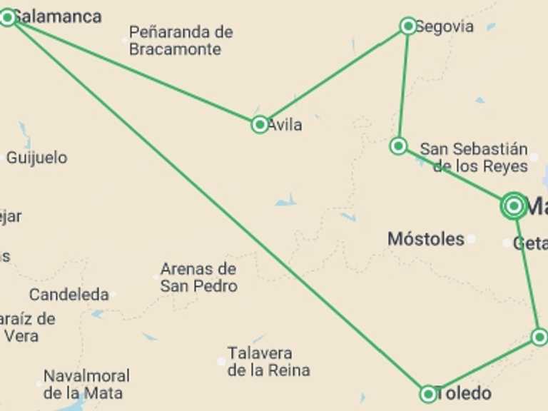 Map itinerary of Spain Tour in May 2027 with 4 destination visits for the trip: Soul Of Spain, Self-drive