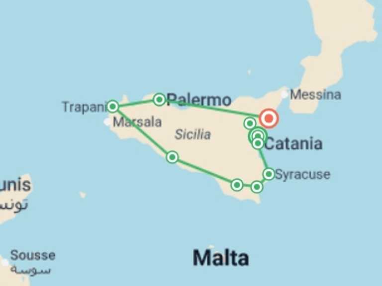 Map itinerary of Europe Tour in April 2027 with 8 destination visits for the trip: Highlights of Sicily