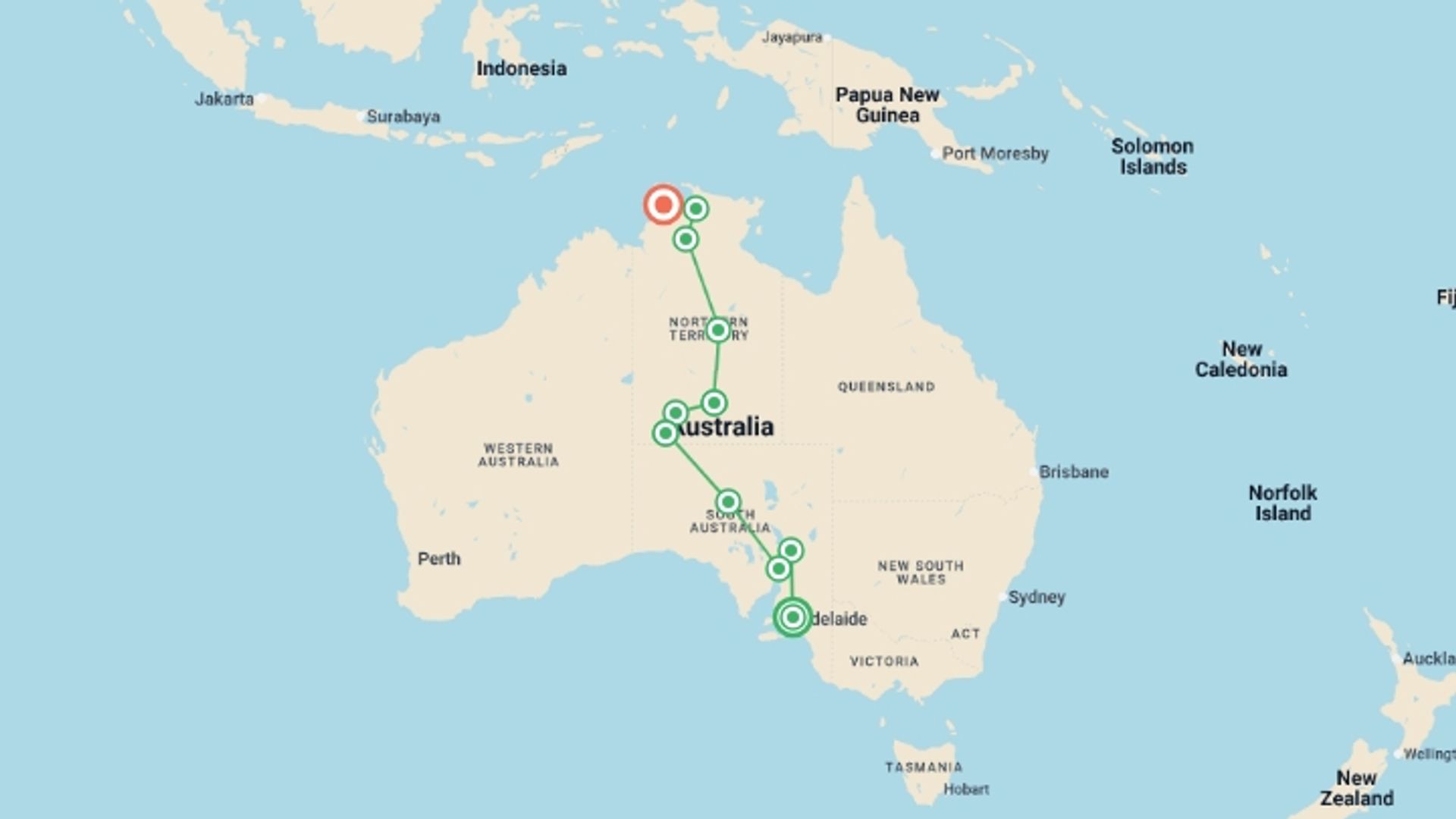 A map showing the tour itinerary for the trip: Outback Adventure, starting in Adelaide, Australia and ending in Darwin, Australia going through 7 other destinations.
