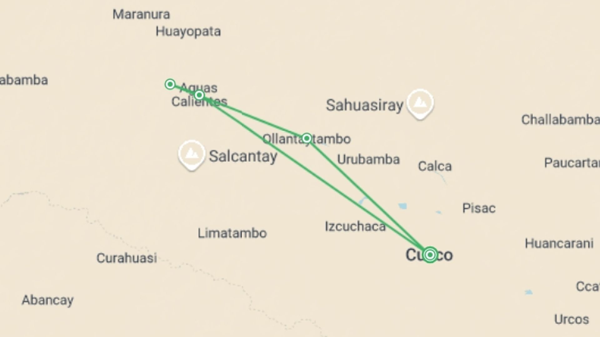 A map showing the tour itinerary for the trip: Inca Jungle Backpacker Trek to Machu Picchu 3D/2N, starting in Cusco, Peru and ending in Cusco, Peru going through 3 other destinations.