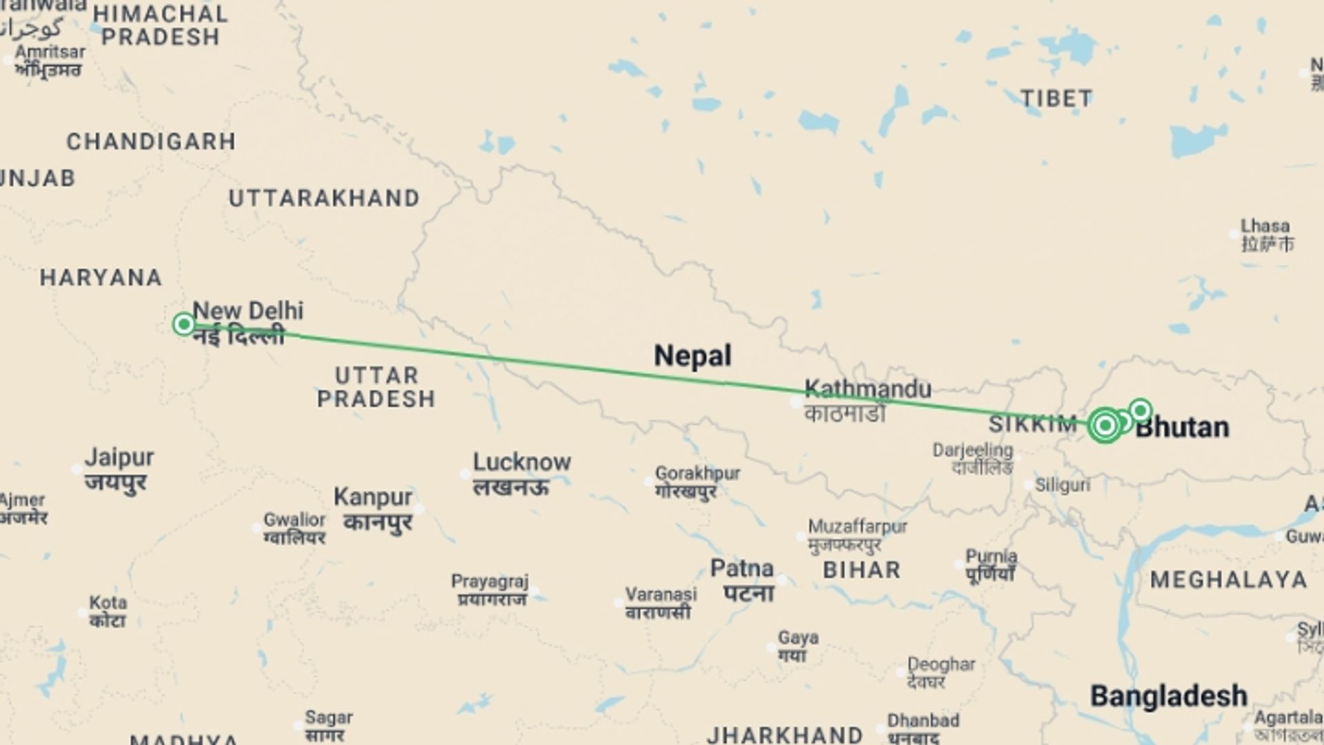 A map showing the tour itinerary for the trip: The Best Of Bhutan, French-speaking Guide, Private Tour, starting in Paro, Bhutan and ending in Paro, Bhutan going through 3 other destinations.