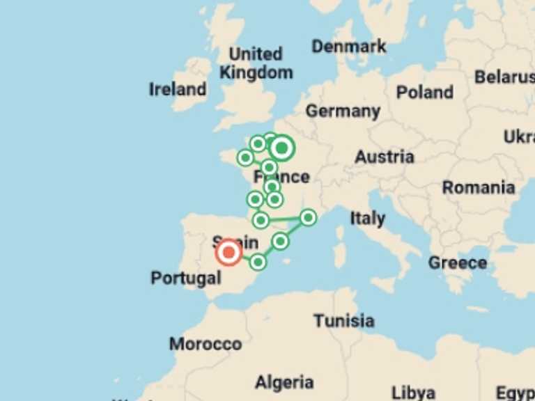 Map of 13-Day Madrid Tour with 11 destination visits for the trip: Normandy, all of France and Spain