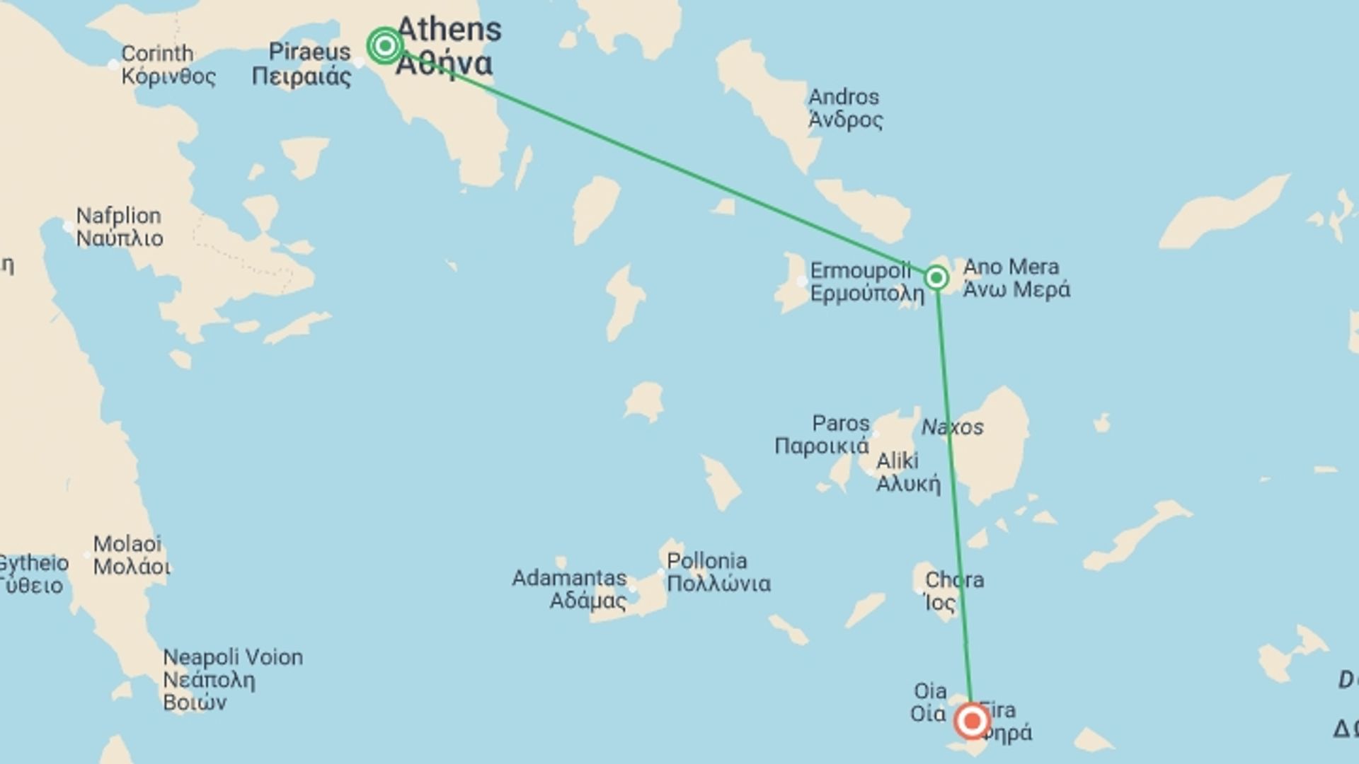A map showing the tour itinerary for the trip: Athens to Mykonos & Santorini - 7 days, starting in Athens, Greece and ending in Santorini, Greece going through 1 other destinations.