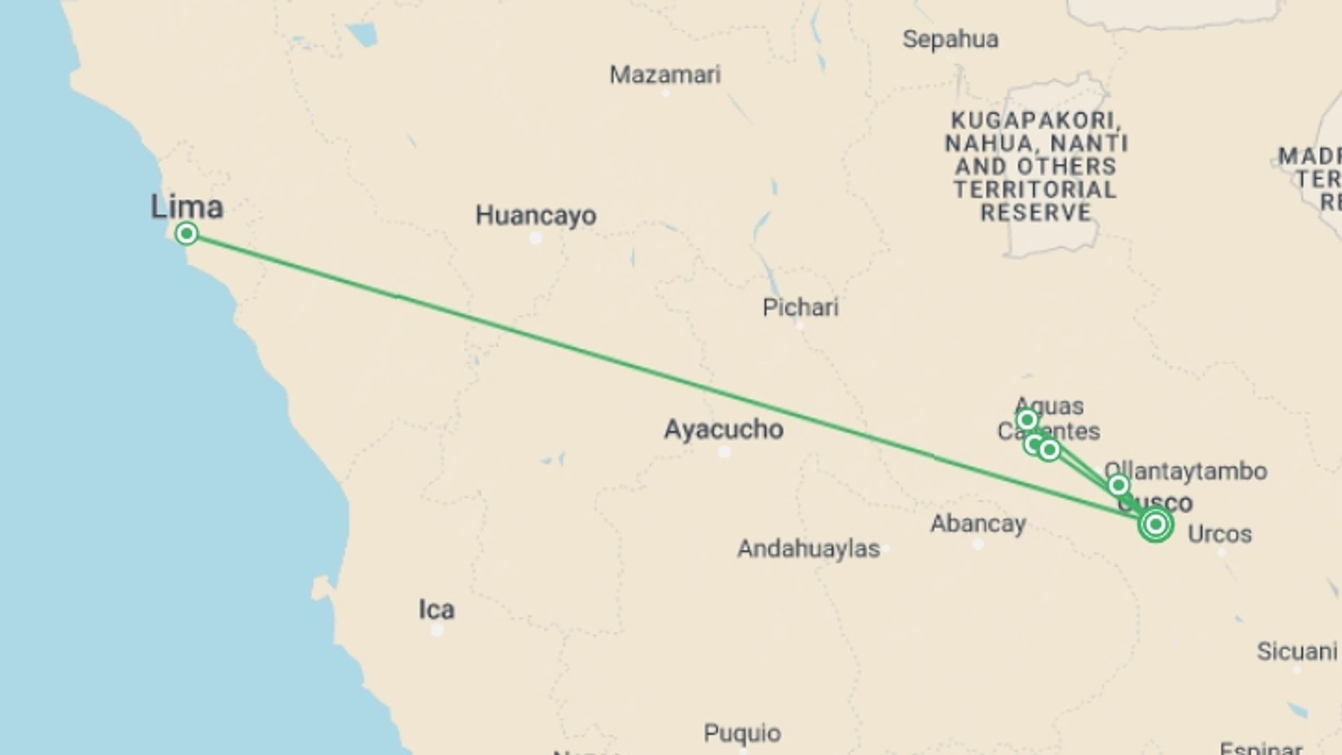 A map showing the tour itinerary for the trip: 7-Day Inca Jungle Trail to Machu Picchu, starting in Cusco, Peru and ending in Cusco, Peru going through 5 other destinations.