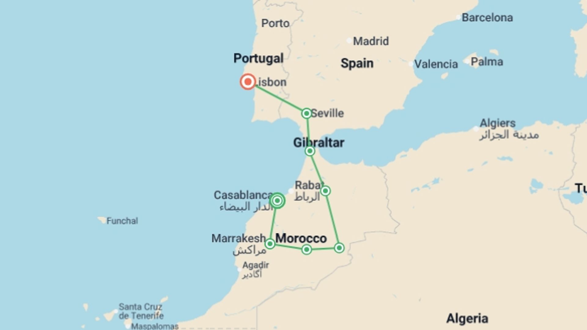 A map showing the tour itinerary for the trip: Moroccan Capitals, Seville and Lisbon, starting in Casablanca, Morocco and ending in Lisbon, Portugal going through 6 other destinations.