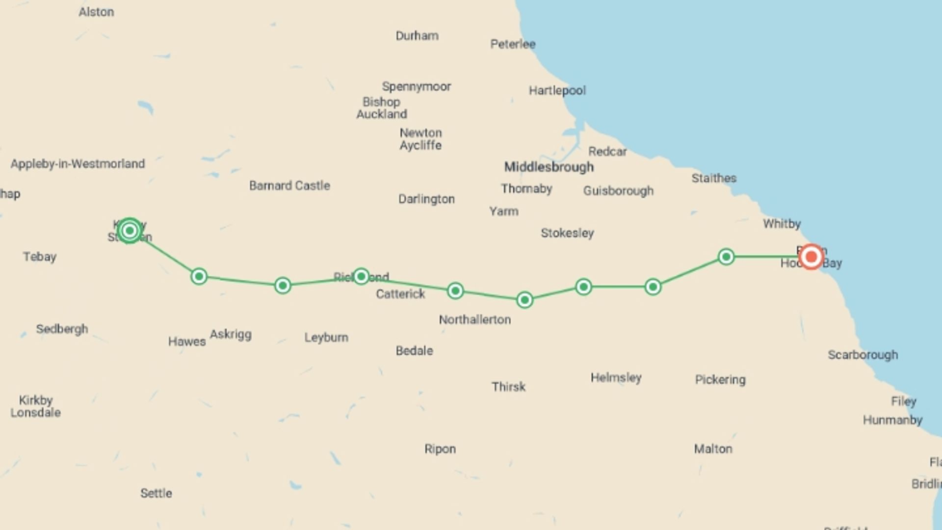 A map showing the tour itinerary for the trip: Coast to Coast East – Kirkby Stephen to Robin Hood’s Bay – 11 Days, starting in Kirkby Stephen, England and ending in Robin Hoods Bay, England going through 8 other destinations.