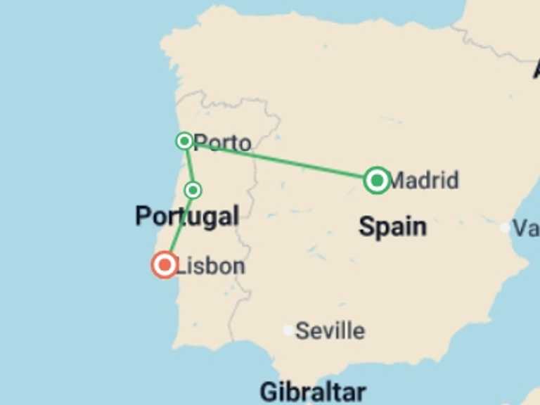 Map of Europe Tour with 4 destination visits for the trip: Portuguese Fado end Lisbon