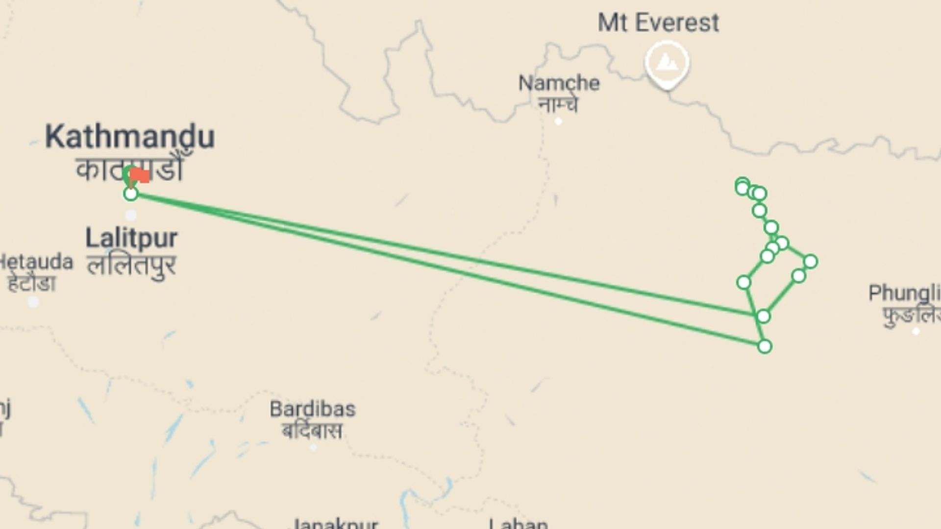 A map showing the tour itinerary for the trip: Makalu Base Camp Trekking  - Private Trip, starting in Kathmandu, Nepal and ending in Kathmandu, Nepal going through 15 other destinations.