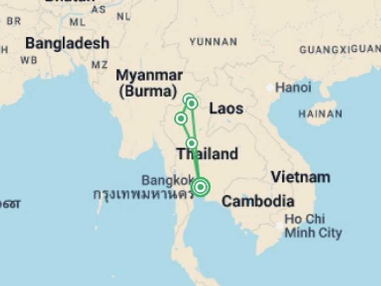 Map of South East Asia Tour with 5 destination visits for the trip: One Week in Thailand: Kayaking and Hilltribes