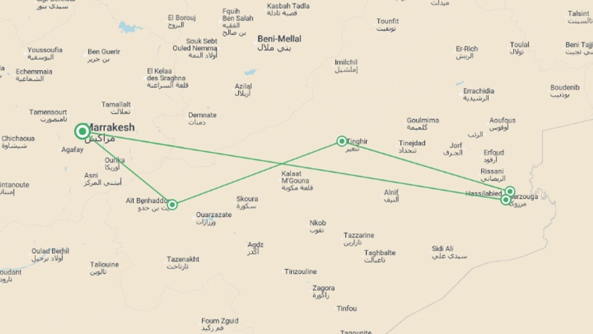 A map showing the tour itinerary for the trip: Morocco Short Break: Marrakech to the Sahara, starting in Marrakech, Morocco and ending in Marrakech, Morocco going through 2 other destinations.