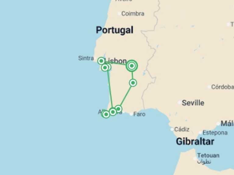 Map itinerary of Europe Tour in November 2026 with 3 destination visits for the trip: South Of Portugal