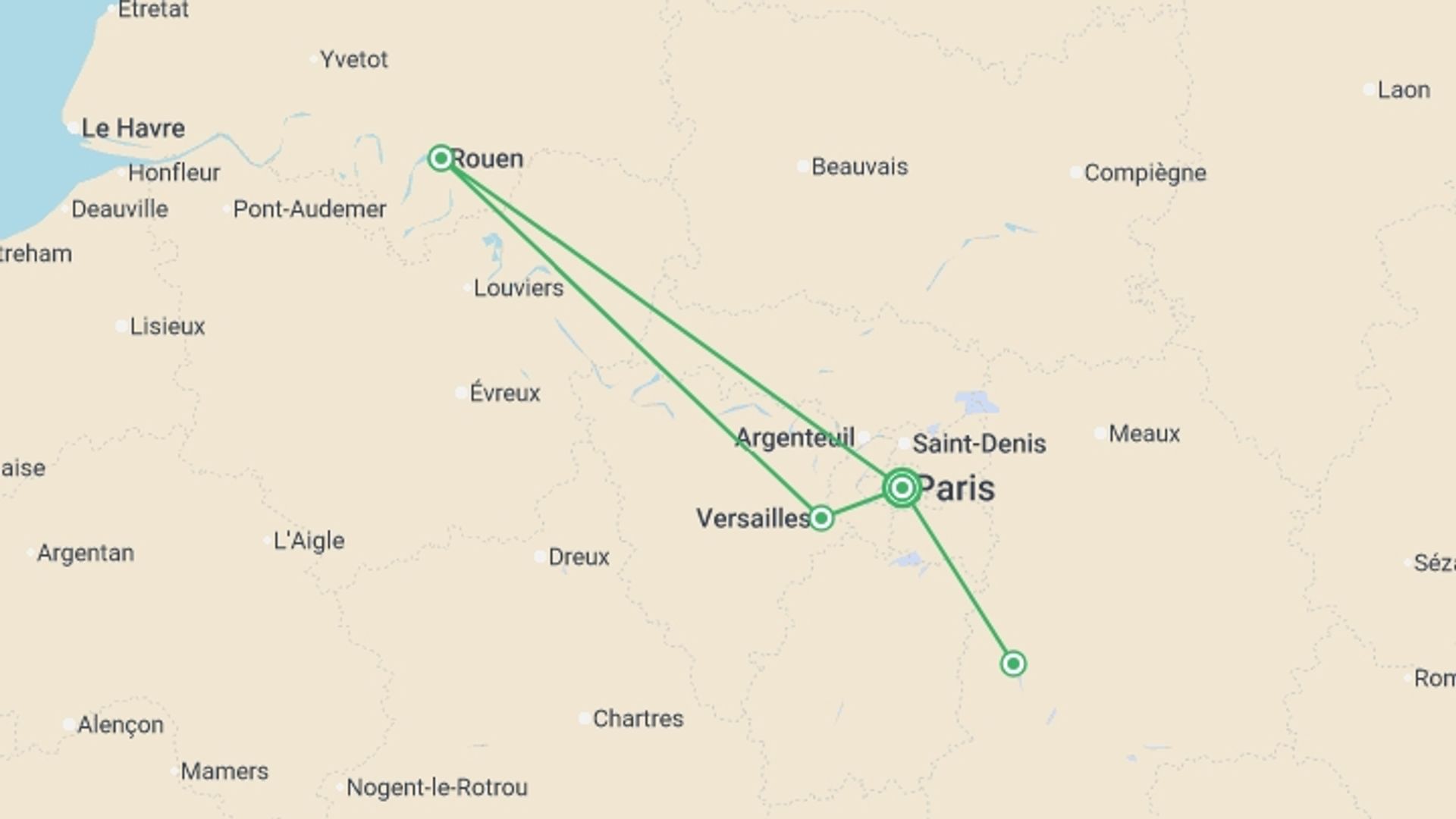A map showing the tour itinerary for the trip: THE HISTORY OF FRANCE FROM PARIS TO NORMANDY Between heritage, landscapes, and Impressionist nuances (port-to-port cruise), starting in Paris, France and ending in Paris, France going through 4 other destinations.